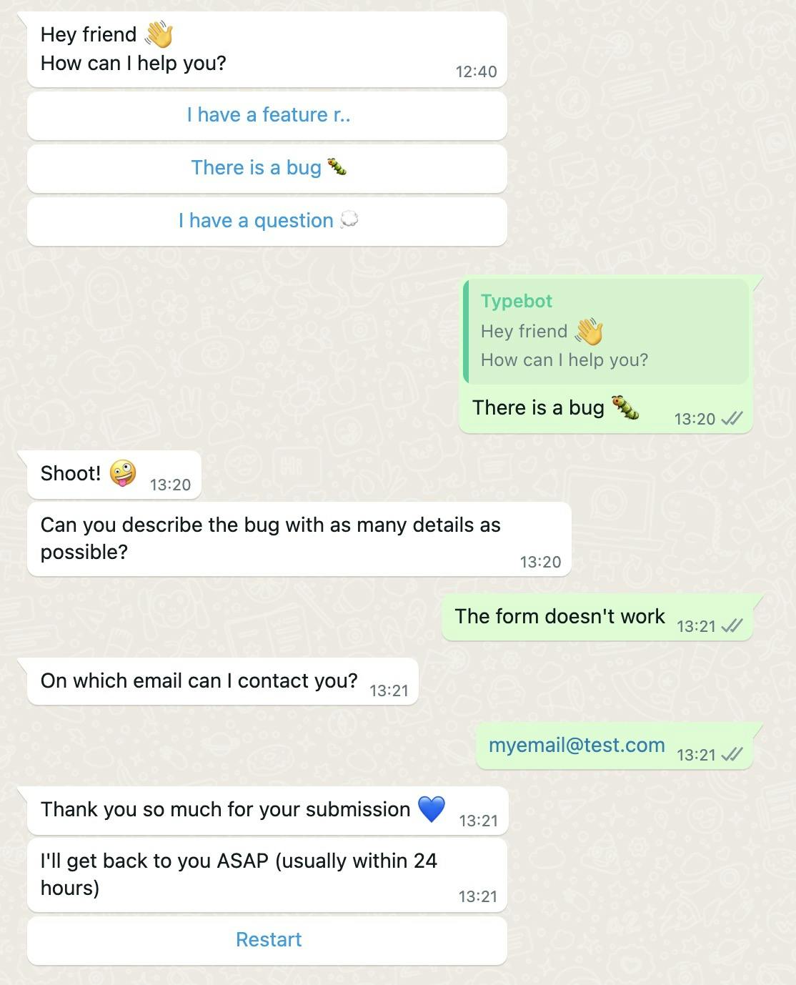 WhatsApp result of the chatbot flow example