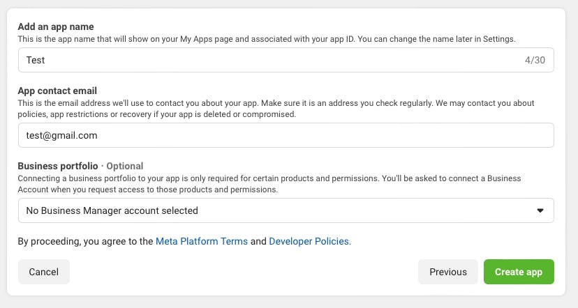 Third step of the Meta App account creation