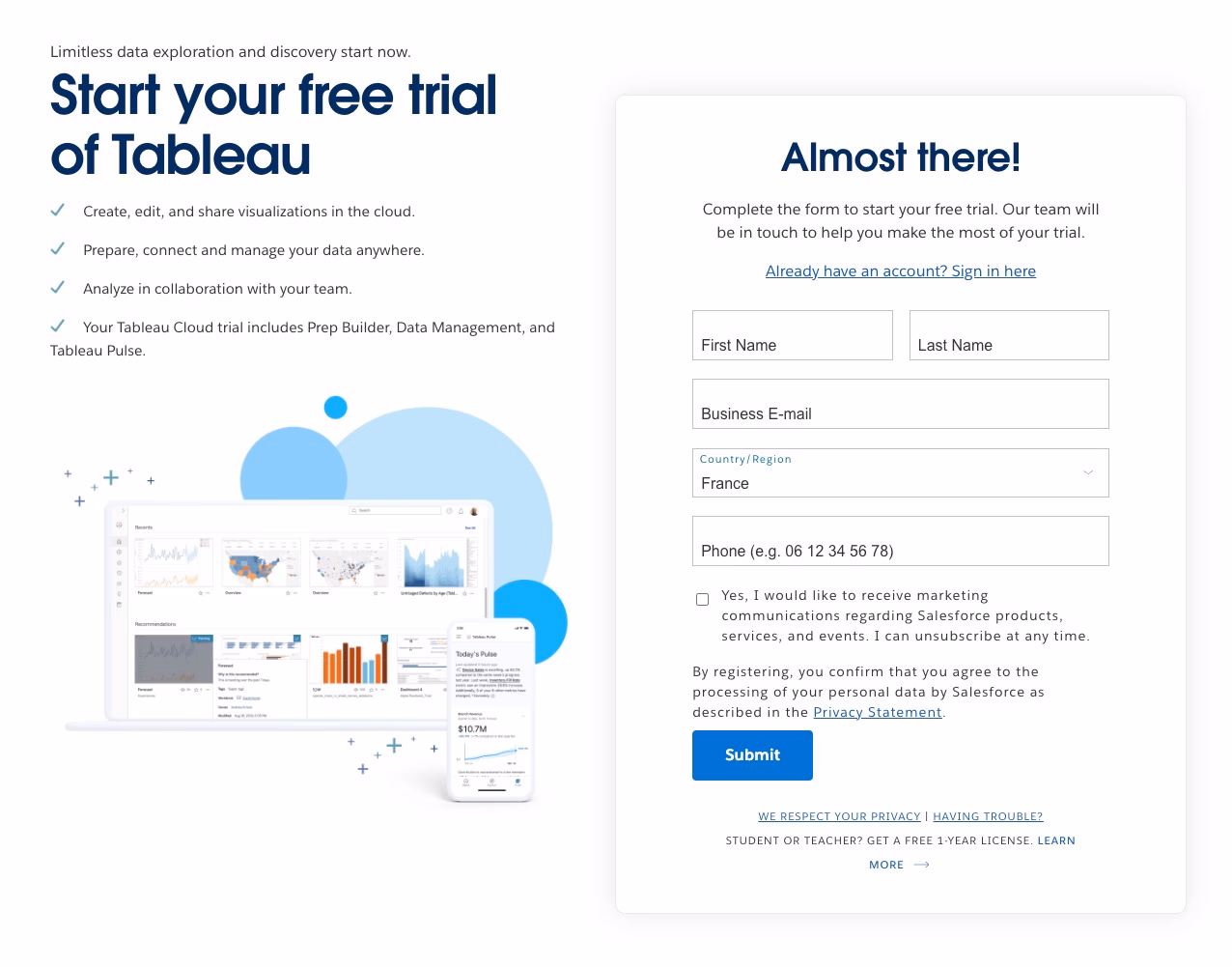 Tableau free trial signup form